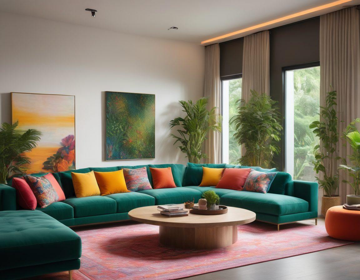 A beautifully designed modern living space filled with lush greenery, warm ambient lighting, and comfortable furniture that invites relaxation. There are vibrant decorative elements, like colorful pillows and artwork, creating an ecstatic atmosphere. People are engaging happily, showcasing community and transformation within the space. The setting feels both sturdy and welcoming, blending timeless design with uplifting decor. 3D. vibrant colors. super-realistic.