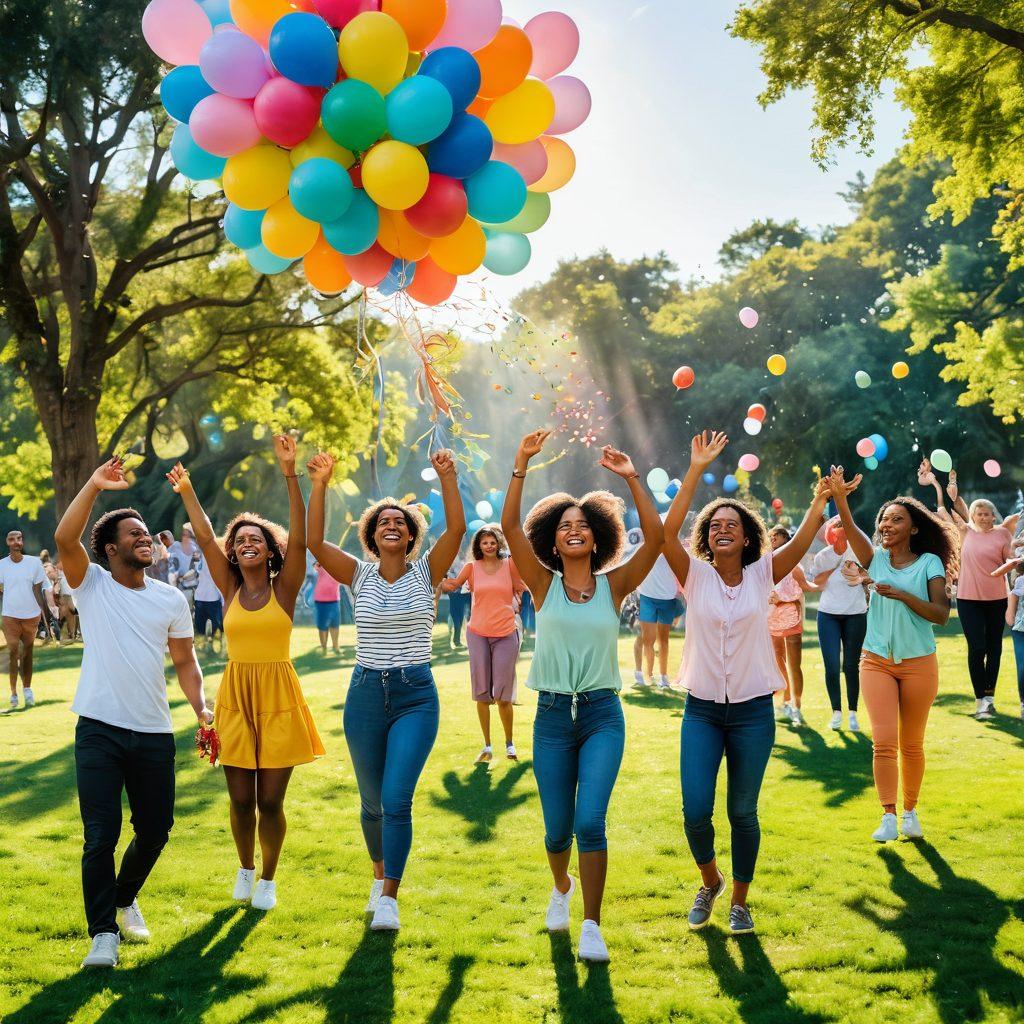 A vibrant scene depicting a diverse group of people joyfully engaging in various activities like dancing, laughing, and meditating in a lush, sunlit park. Colorful balloons and streamers flutter in the breeze, symbolizing celebration and positivity. The atmosphere radiates warmth and happiness, with soft pastel hues enhancing the feeling of bliss. Elements like a rainbow and butterflies should be included to underscore the ecstatic vibe. super-realistic. vibrant colors. natural setting.
